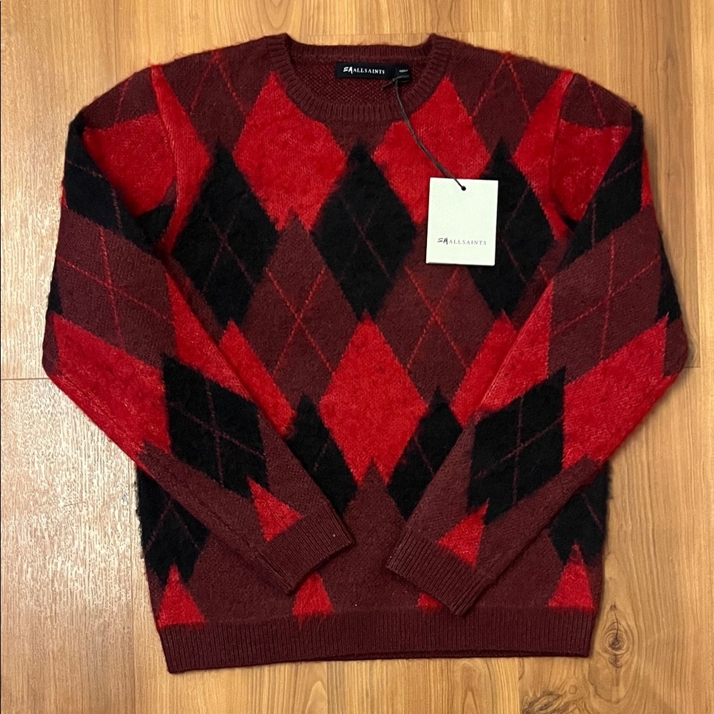 All Saints Men's Red and Black Argyle Crewneck Sweater